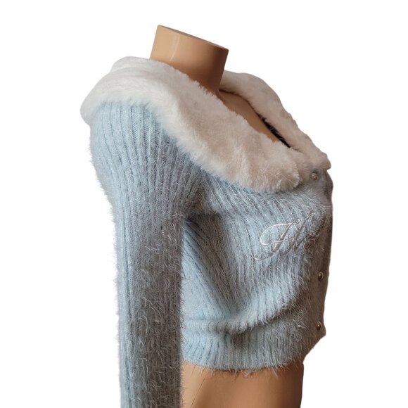 Hello Kitty & Friends X Forever 21 Blue Knit Cardigan W/Faux Fur Collar & Cuff - Picture 12 of 16